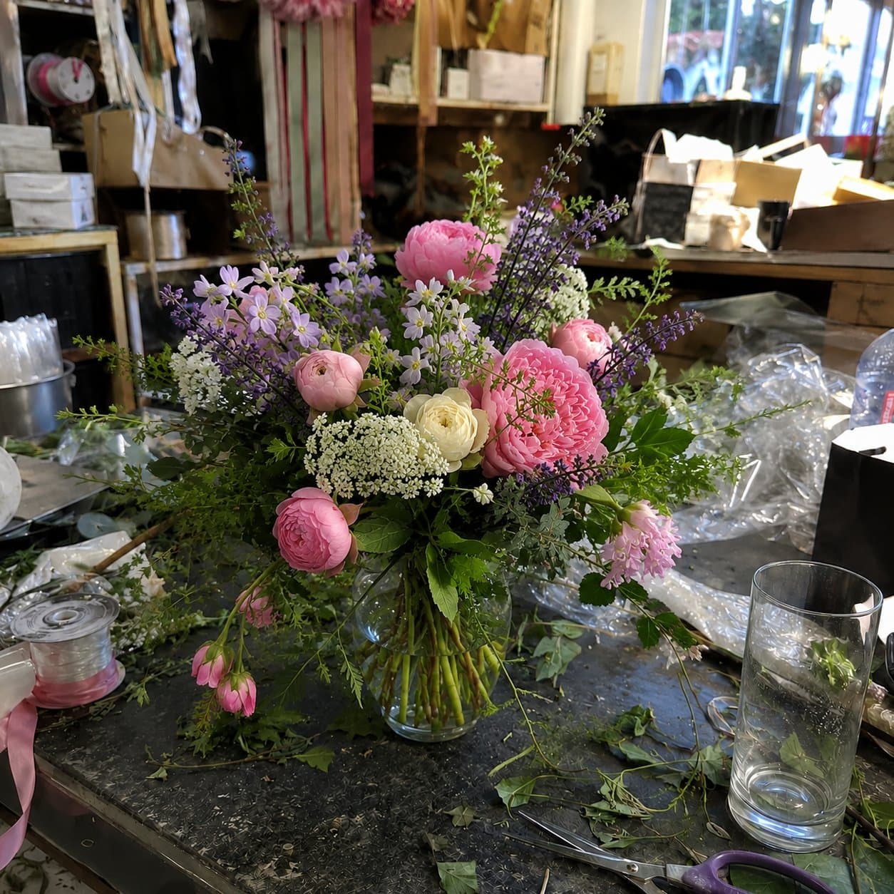 Unedited flower shop workbench photo before BloomShot